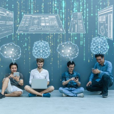 Group Of Asian and Multiethnic Business people working with brai Group Of Asian and Multiethnic Business people working with brain and virtual screen